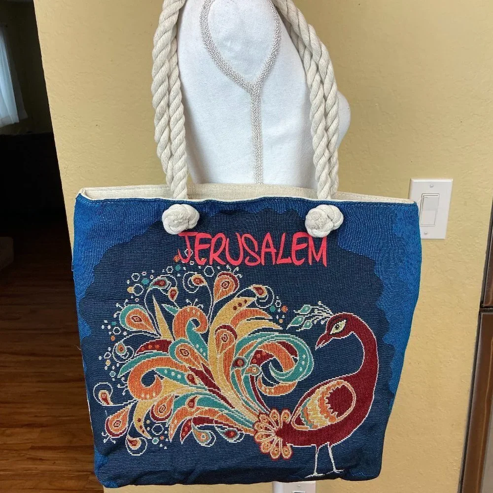 NWOT Large Canvas Shoulder Tote Beach Travel Bag Peacock